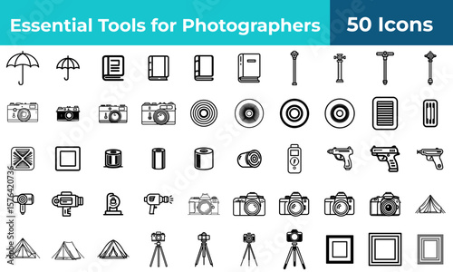 Collection of photography equipment icons including cameras tripods and lighting accessories in black and white
