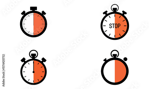 Set of stopwatch icons with time progress and stop indicators in flat minimal design
