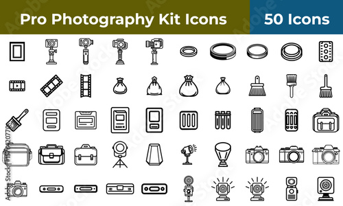A collection of fifty photography kit icons featuring cameras lenses and various accessories in black and white