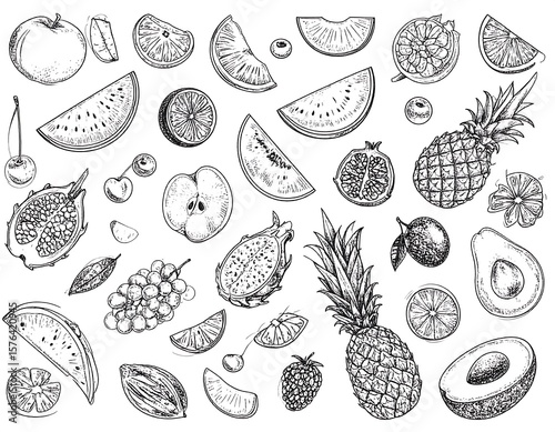 Hand-drawn fruit slices and pieces