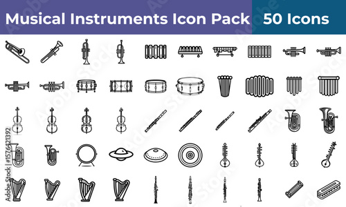 A collection of musical instrument icons including string brass percussion and woodwind instruments shown