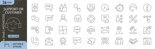 Customer or Support editable line icons set. Includes icons for headset, support agent, chat, feedback, help desk, FAQ, conversation, and  service. Editable stroke. Perfect for infographics.