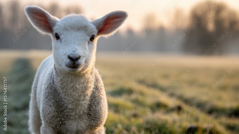 Obraz premium Close-up of a young lamb standing outdoors in a lush green pasture during sunrise.