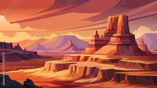 A breathtaking illustration depicting a beautiful minimalist landscape scenery of majestic canyon rock formations under the sunset colors.