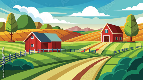 A captivating minimalist landscape illustration showcasing a picturesque farm scene with two red barns under a vibrant sky and lush countryside.
