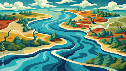A captivating minimalist landscape scene showcasing a winding river flowing through picturesque green hills and sandbanks under a beautiful cloudy sky.