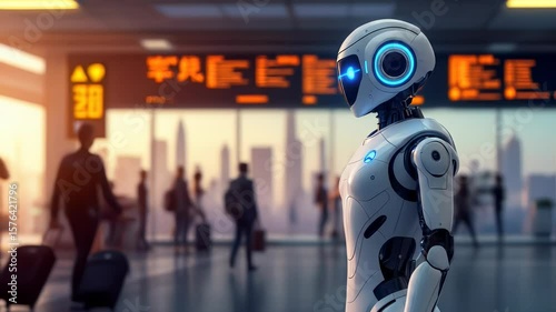 White Robot in Airport Terminal at Sunset