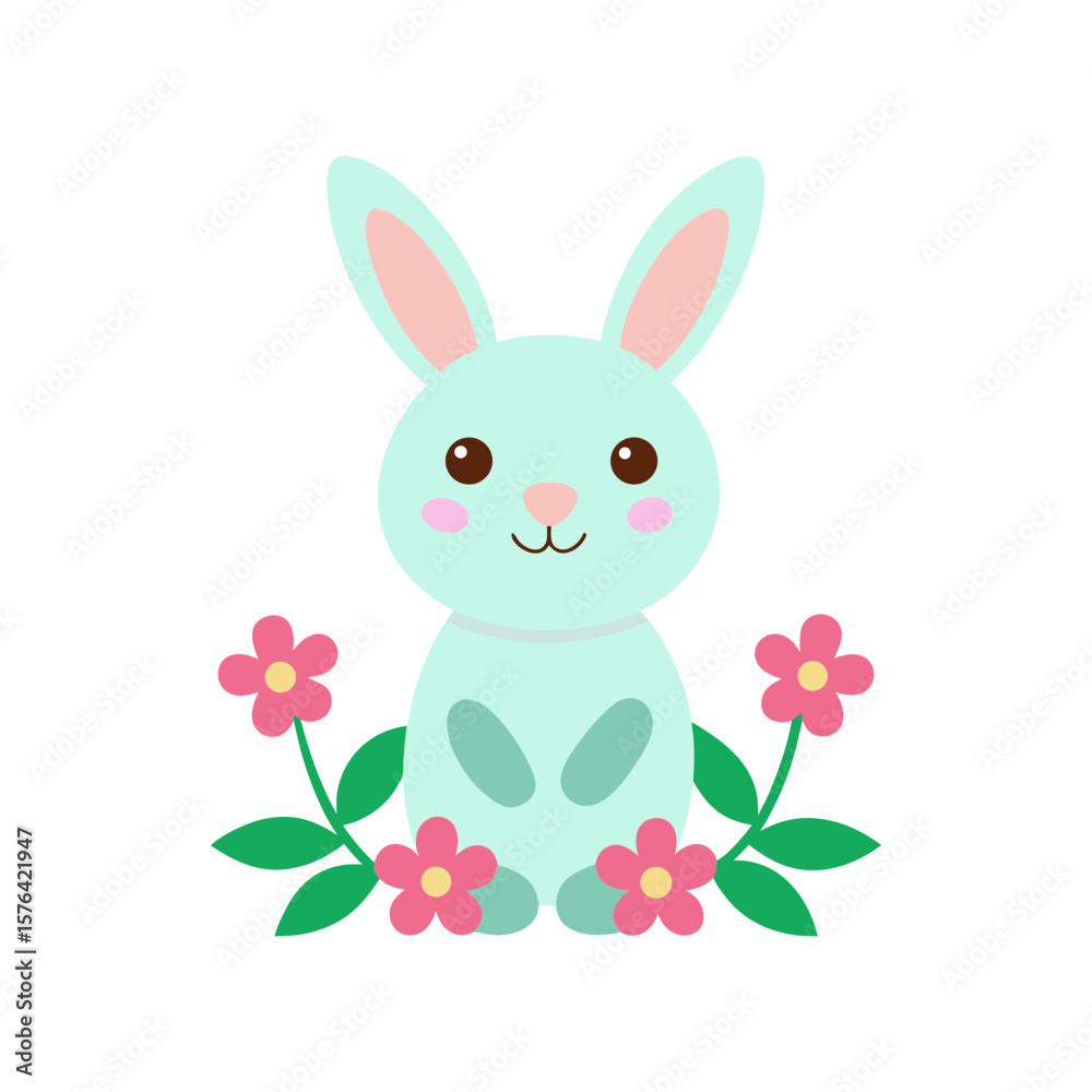 Obraz premium Adorable bunny rabbit surrounded by flowers Line Art Vector illustration