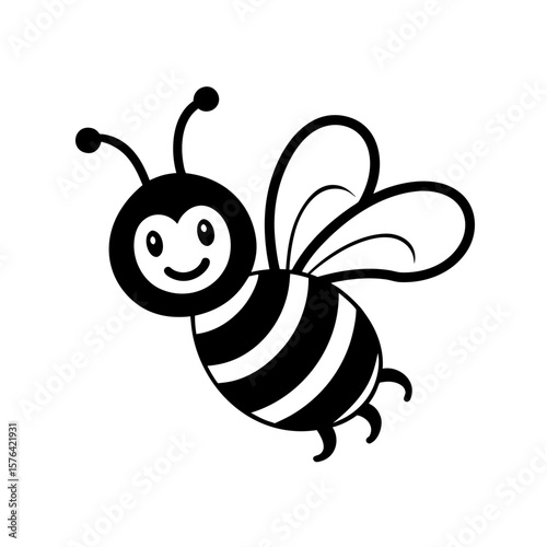 Smiling cartoon bee flying in cute vector style Line Art Vector illustration