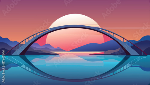A serene minimalist landscape depicting a modern bridge arching over tranquil waters reflecting a stunning sunset and mountainous scenery.