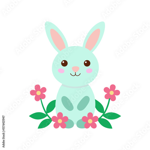 Adorable bunny rabbit surrounded by flowers Line Art Vector illustration