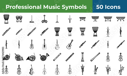 A collection of various musical instrument icons displayed in a grid pattern on a white background