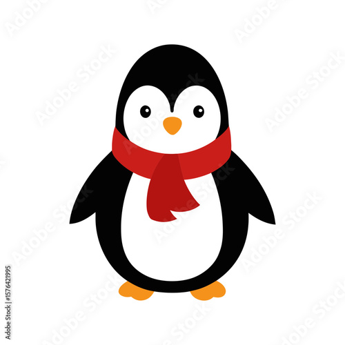 Happy penguin wearing scarf in winter theme Line Art Vector illustration