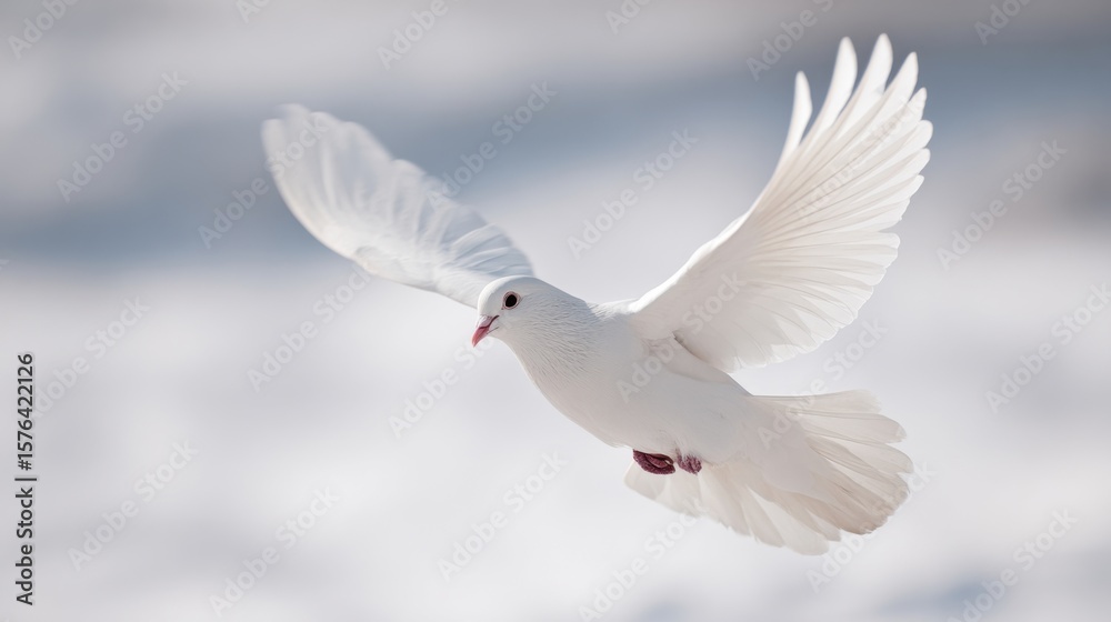 Obraz premium Elegant white dove in flight over snowy landscape with soft background light.