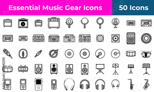 A collection of essential music gear icons displayed in a grid pattern on a white background