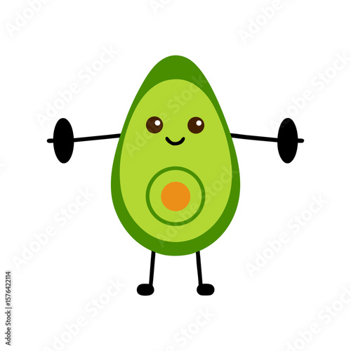 Fitness themed avocado character lifting dumbbells Line Art Vector illustration