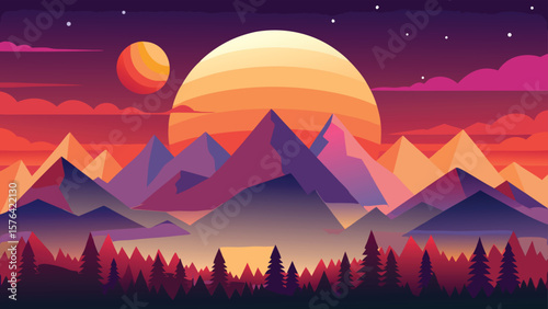 A striking minimalist landscape depicting mountains trees and a sunset with a celestial body perfect for graphic design projects