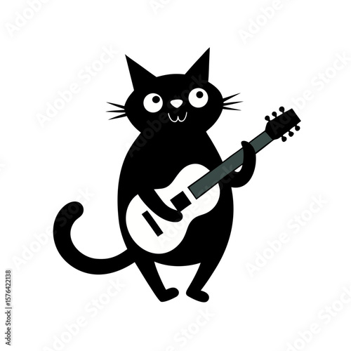 Cute cat playing guitar in musical fun concept Line Art Vector illustration
