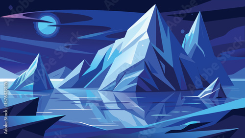 A stunning minimalist landscape depicting icy mountain peaks reflected in tranquil water beneath a serene twilight sky illuminated by the moon.