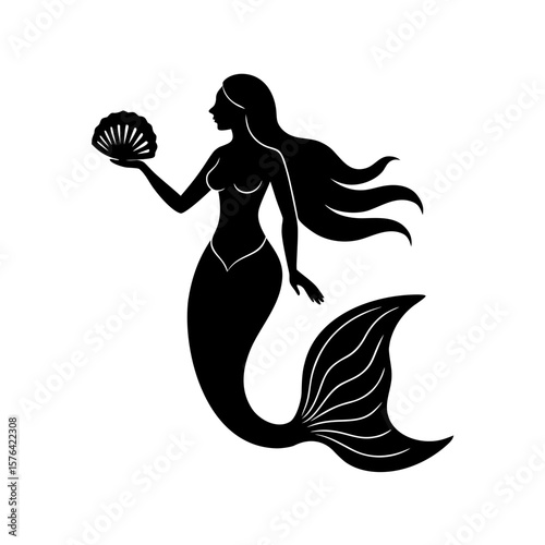 Magical mermaid character with seashell pose Line Art Vector illustration