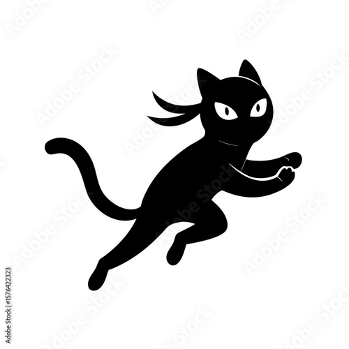 Cartoon ninja cat leaping in action scene Line Art Vector illustration