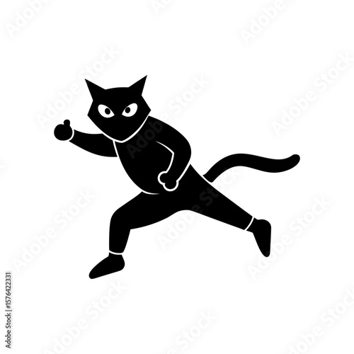 Funny ninja cat mid jump in stealth pose Line Art Vector illustration