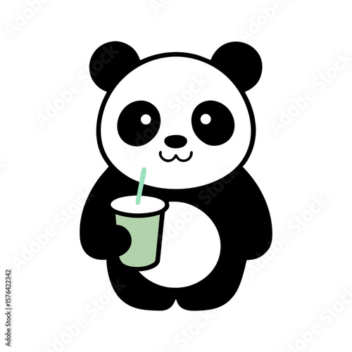 Bubble tea and panda character in fun design Line Art Vector illustration