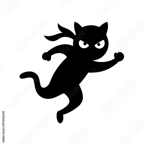 Stealthy ninja cat in action pose cartoon Line Art Vector illustration