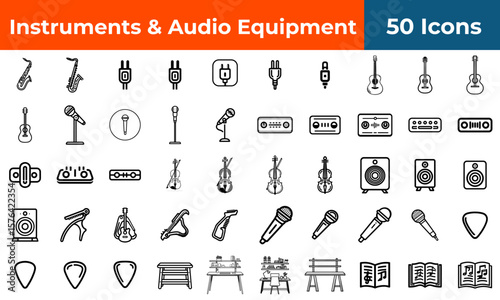 A collection of musical instruments and audio equipment icons in black and white outline style