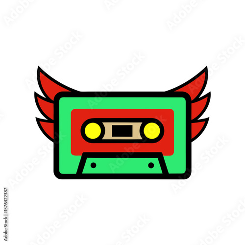 Vintage music tape with wings artistic design Line Art Vector illustration