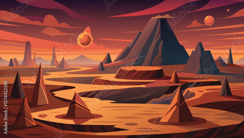 A vibrant minimalist landscape illustration featuring alien planet terrain with mountainous structures and celestial objects in an eye-catching colorful sunset