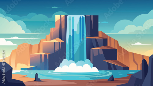 A vibrant minimalist landscape illustration featuring a cascading waterfall with rocky cliffs, serene water, and a captivating sky