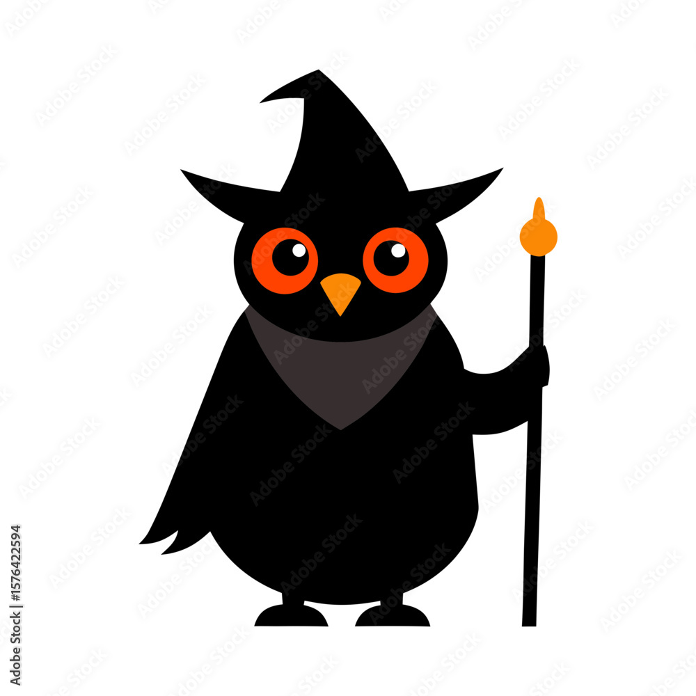 Fototapeta premium Magic owl wizard with starry wand drawing Line Art Vector illustration