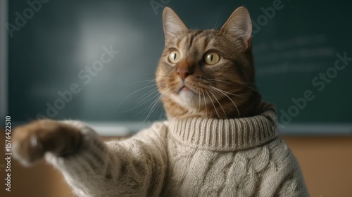 Cat in cozy sweater raising paw in classroom setting