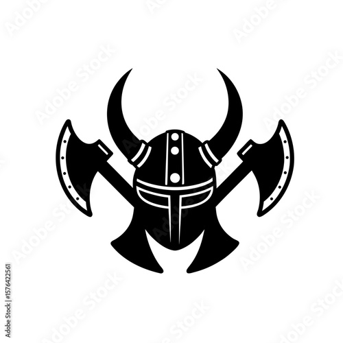 Detailed viking helmet and axe design set Line Art Vector illustration