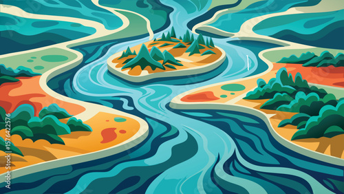 Abstract illustration of a flowing river through a scenic valley with vibrant colors and various land formations creating an inviting minimalist landscape