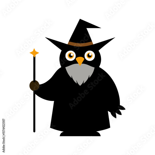 Wise owl holding wand fantasy theme art Line Art Vector illustration