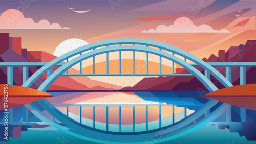 Abstract minimalist landscape scene depicting a bridge over water with reflections under a colorful sunset sky and clouds