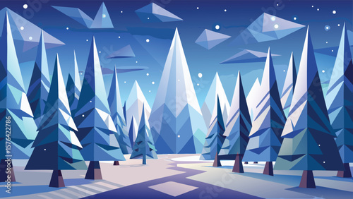 Abstract winter minimalist landscape scene with geometric trees mountains and snowfall against a blue sky