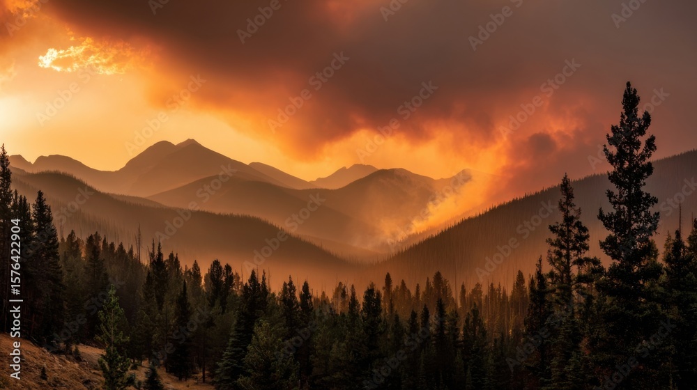 Obraz premium Majestic Mountain Landscape at Sunset with Smoky Sky and Dense Forests