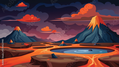 Artistic illustration showcasing an erupting volcanic landscape with fiery lava flows, mountains, and dramatic clouds over a minimalist design.