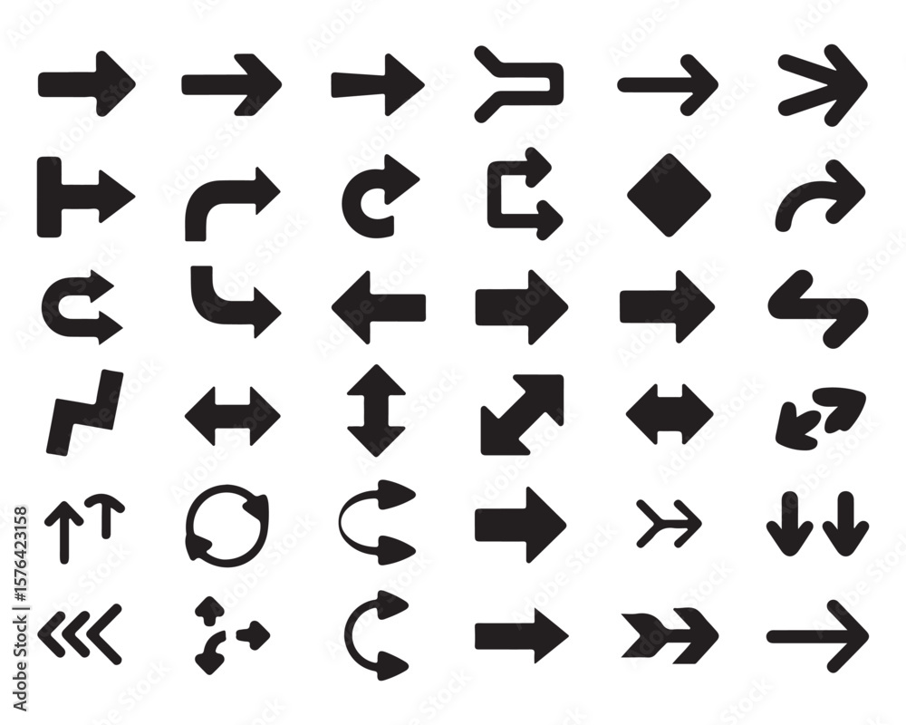 Collection of diverse black arrow icons on white background Collection of diverse black arrow icons on white background