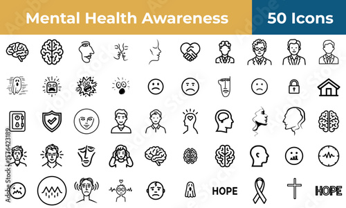 Mental health awareness icons showing brains faces and emotions for support and well being topics design