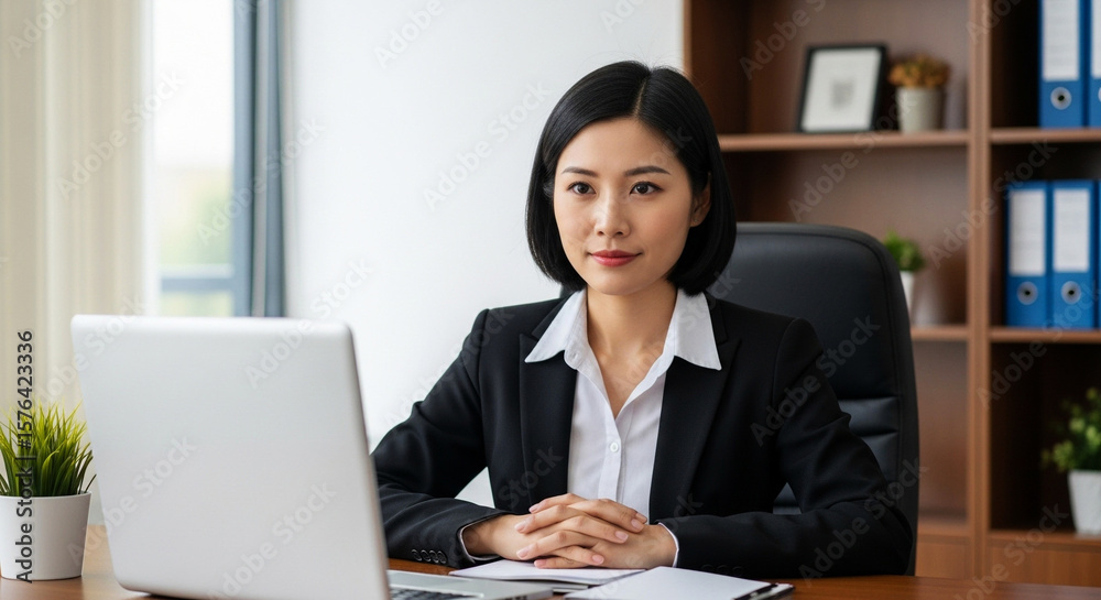 An asian businesswoman works on a laptop at her desk in a bright office An asian businesswoman works on a laptop at her desk in a bright office