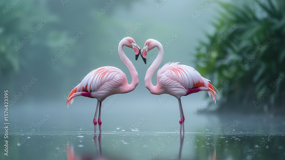 Fototapeta premium AI generator images of Portrait of two pink flamingoes standing face to face in sea, Love concept shape heart of couple flamingos on pink background minimal summer Flamingos joined together to form 