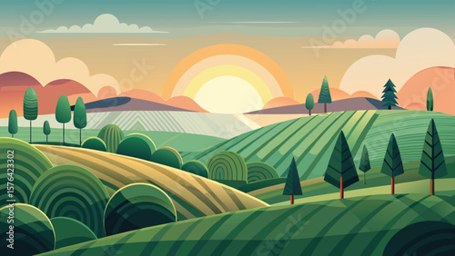 Beautiful scenic illustration of a minimalist landscape depicting rolling hills fields trees and a rising sun with dramatic skies