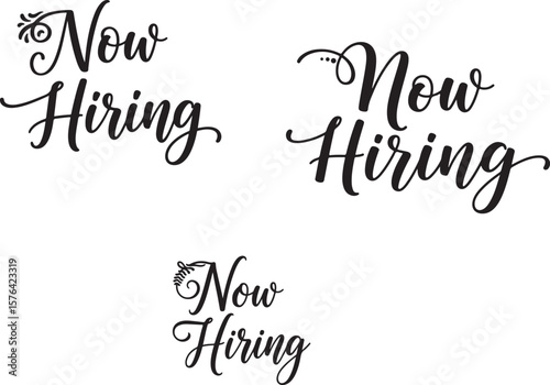 Vector art of now hiring in elegant script typography