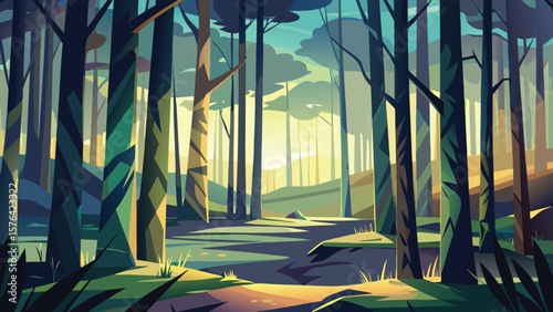 Beautiful stylized illustration of a serene forest scene with dappled sunlight and tall trees perfect for creative projects.