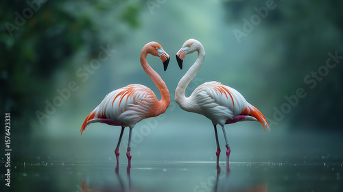 AI generator images of Portrait of two pink flamingoes standing face to face in sea, Love concept shape heart of couple flamingos on pink background minimal summer Flamingos joined together to form 