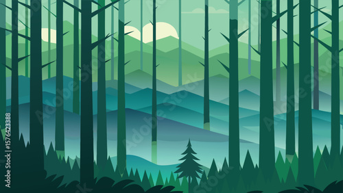 Captivating minimalist landscape illustration featuring a forest scene with trees, mountains, and a subtle sun silhouette depicted in cool tones